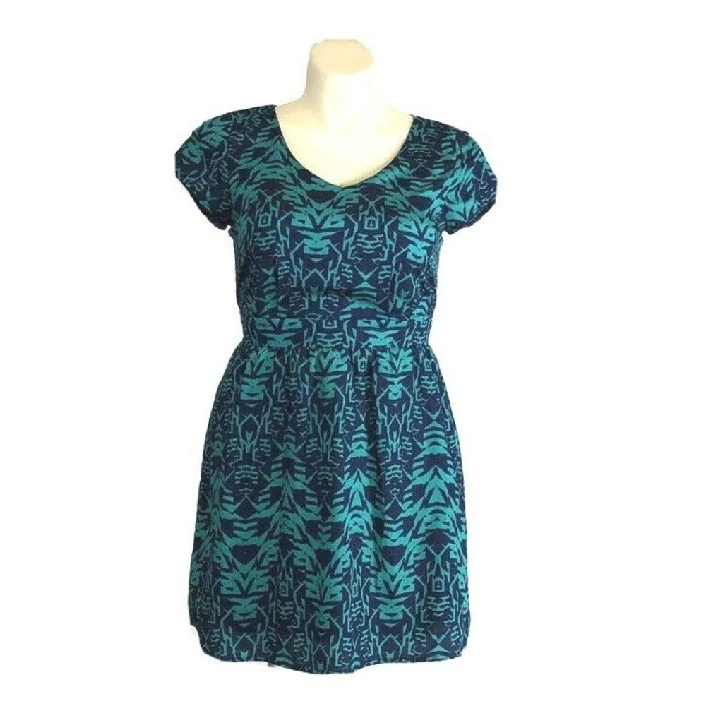 Lily Rose Dress Juniors XL Navy‎ Blue Teal Green Geometric Pattern Shift Lined